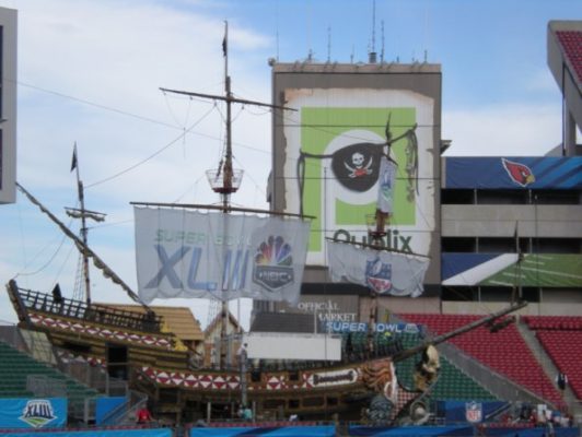 pirate ship with large graphics and wall banners